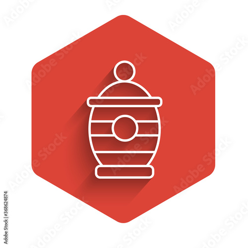 White line Funeral urn icon isolated with long shadow. Cremation and burial containers, columbarium vases, jars and pots with ashes. Red hexagon button. Vector.