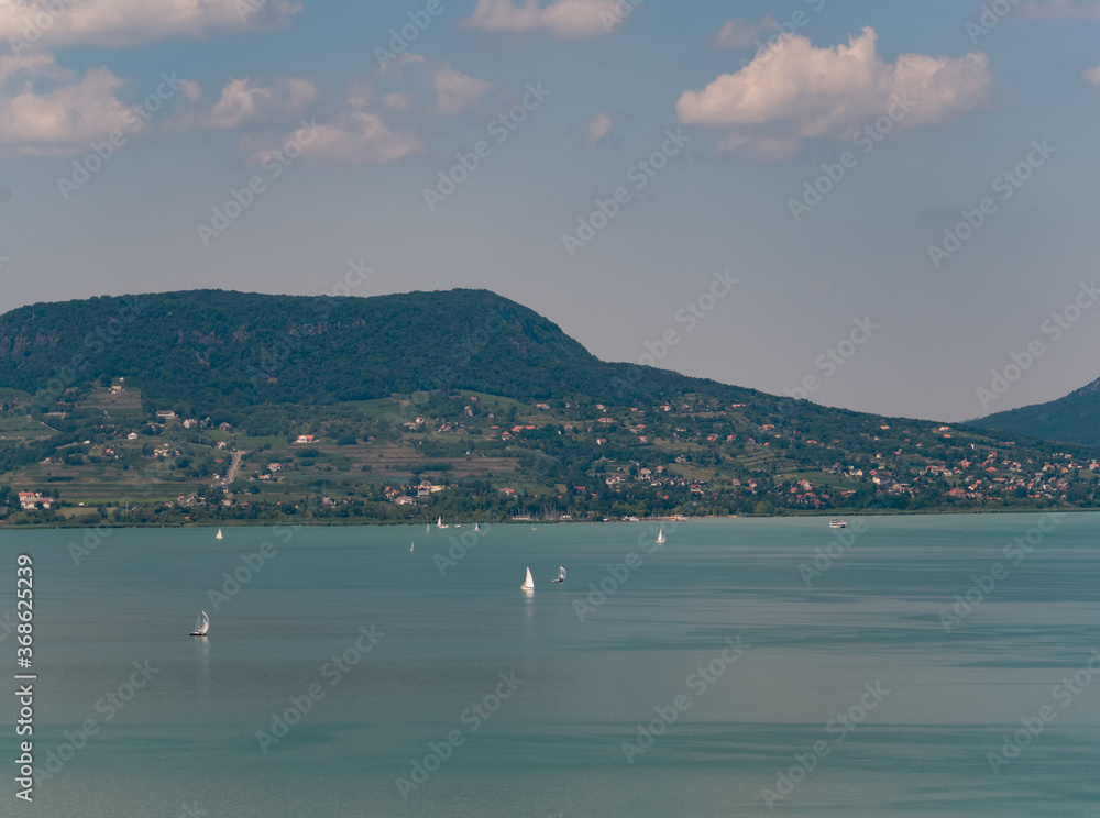 Aerial photo with sailing boats on Lake Balaton