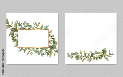 Wedding invitation card with green leaves frame