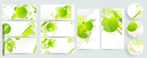 Set banners summer ecology poster triangle vector futuristic light minimal geometric hipster white background. Green and yellow lines and points gradient natural
