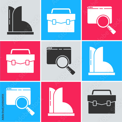 Set Waterproof rubber boot, Briefcase and Search in a browser window icon. Vector.