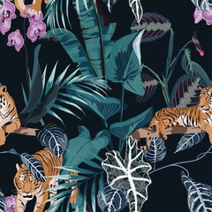 Keuken achterwand Afrikaanse dieren patronen Nachtelijke jungle met tijgers en palmen  © Iuliia