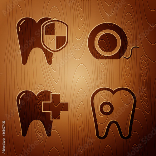 Set Tooth with caries, Dental protection, Dental clinic for dental care tooth and Dental floss on wooden background. Vector.