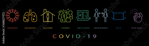 コロナウイルス　ネオンカラーのラインアイコン