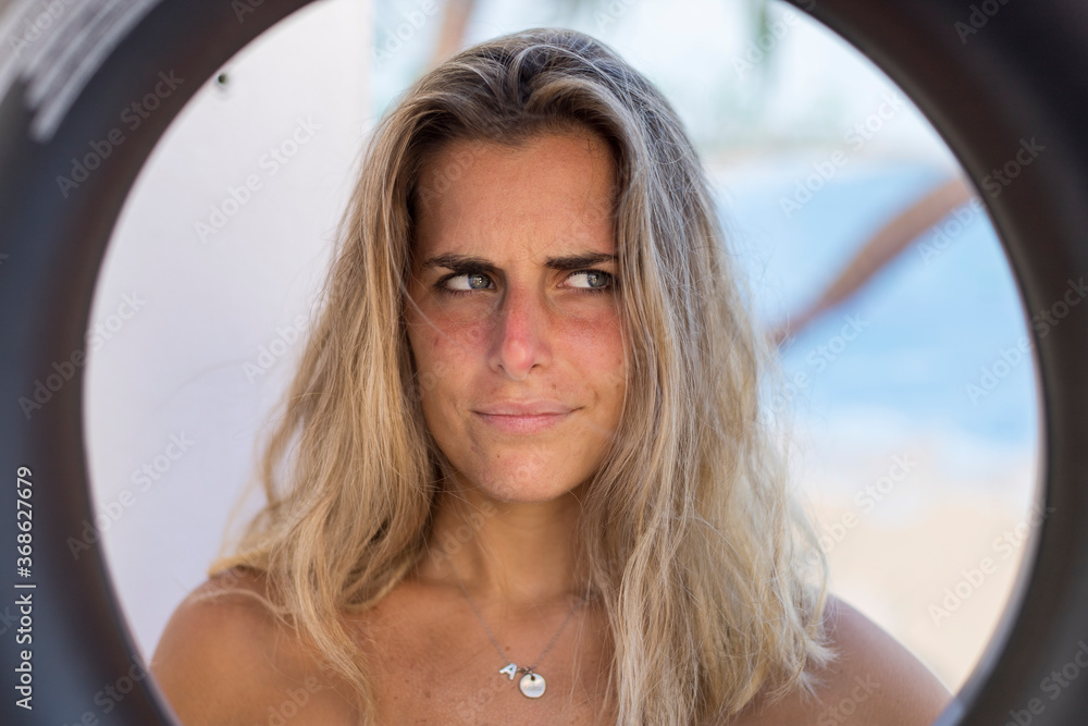 beautiful blonde girl in red bikini without retouching Stock Photo