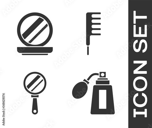 Set Aftershave bottle with atomizer, Makeup powder with mirror, Hand mirror and Hairbrush icon. Vector.