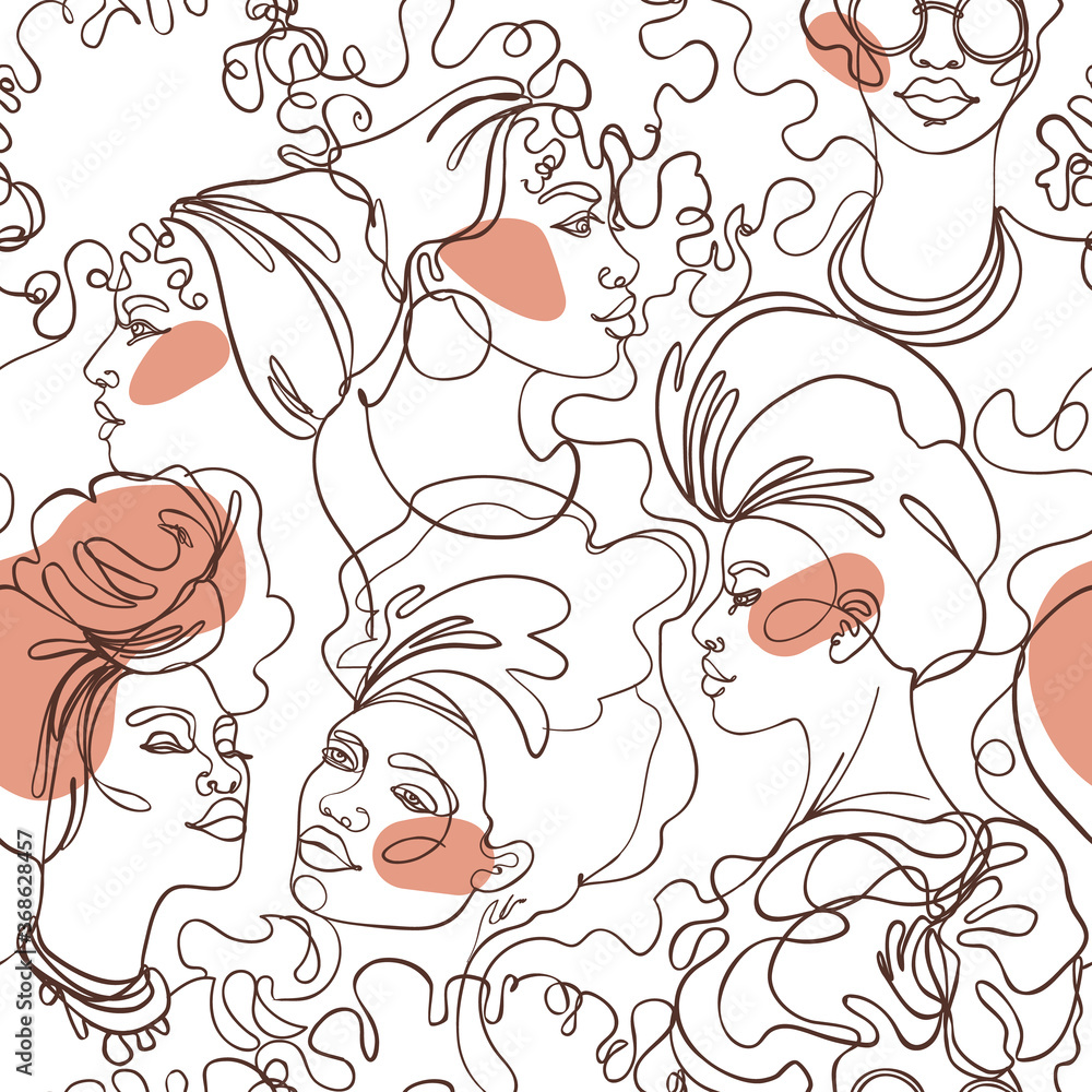 Abstract portrait of young two African American woman. Seamless pattern. Continuous one line drawing isolated on white. Vector illustration in simple modern style. Wallpaper, textile or wrapping paper Abstract portrait of young two African American woman. Seamless pattern. Continuous one line drawing isolated on white. Vector illustration in simple modern style. Wallpaper, textile or wrapping paper