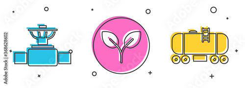 Set Industry pipe and valve, Bio fuel and Oil railway cistern icon. Vector.