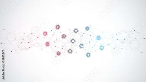 Information technology background with infographic elements and flat icons. Digital technology, network connection and communication concept. Vector illustration.
