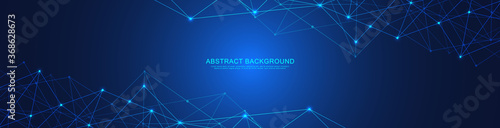 Website header or banner design with abstract geometric background and connecting dots and lines. Global network connection. Digital technology with plexus background and space for your text.