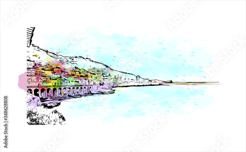 Building view with landmark of Algiers is the capital city of Algeria, on the country’s Mediterranean coast. Watercolor splash with hand drawn sketch illustration in vector.