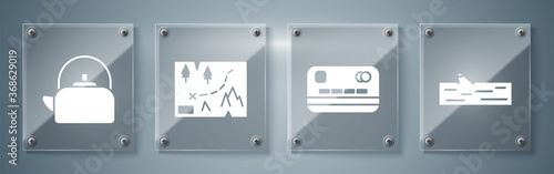 Set Wooden log, Credit card, Folded map with location and Kettle with handle. Square glass panels. Vector.