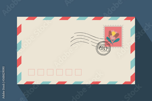 Postage envelope for letters and postage with stamp. For congratulations, valentines and love letters. Vector template for website and print. Stock illustration. Postage and delivery concept