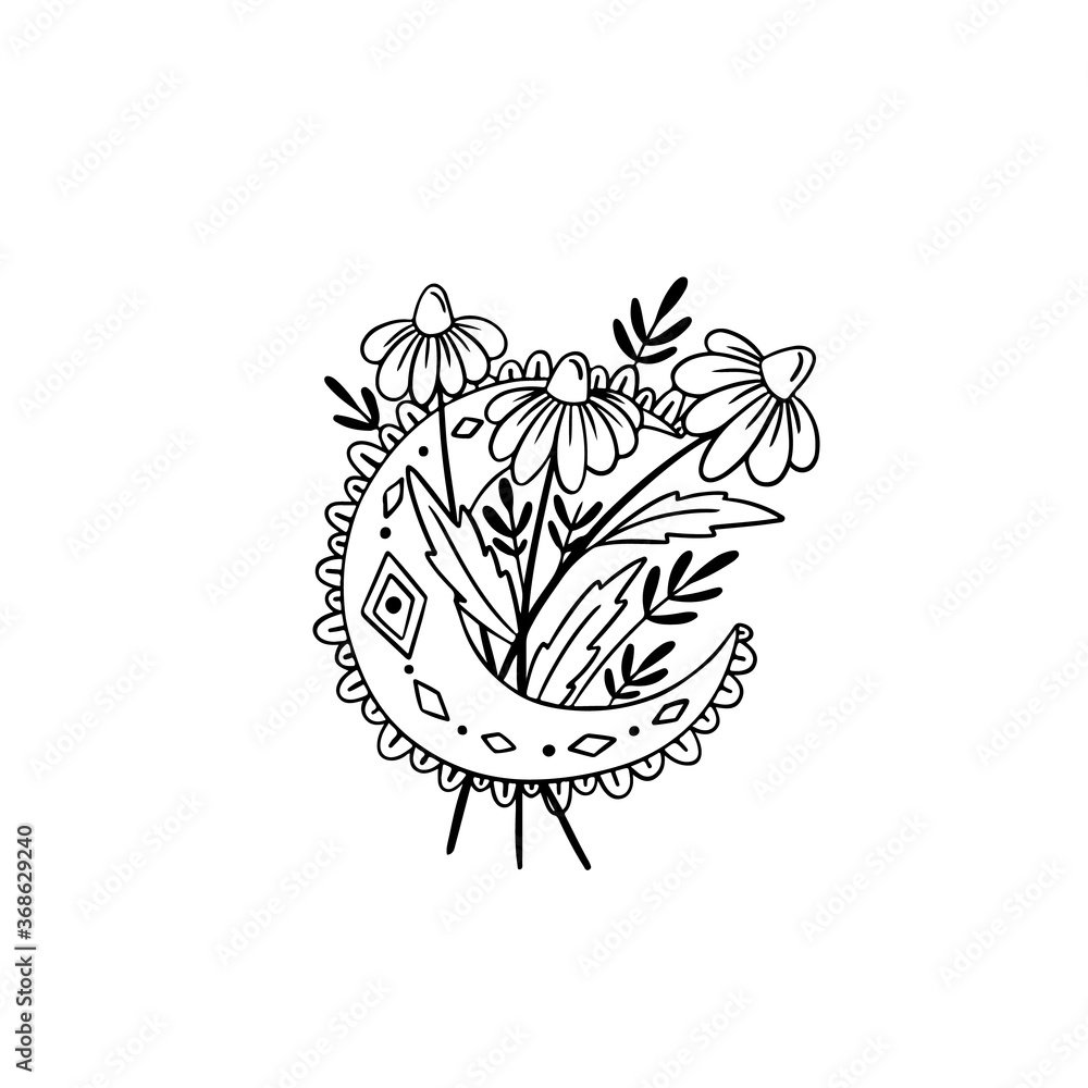 Moon with flowers. Wild magic style design Moon with flowers. Wild magic style design