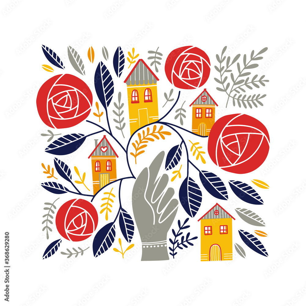 Folk art ornament with hand, houses, and rose flowers