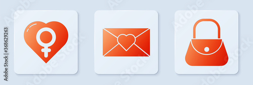 Set Envelope with 8 March, Female gender in heart and Handbag. White square button. Vector.