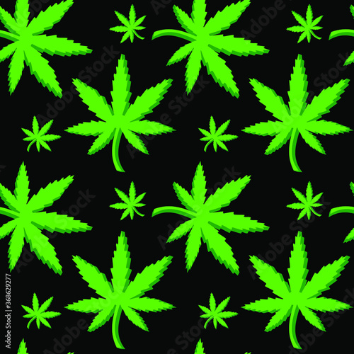 Cannabis green leaves on black background, seamless pattern, vector
