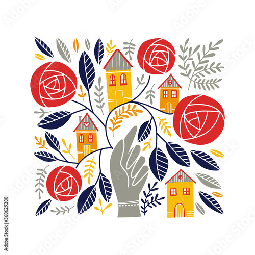 Folk art ornament with hand, houses, and rose flowers