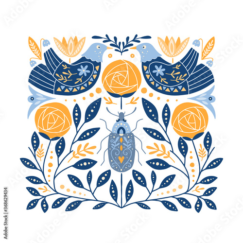 Folk art ornament with birds, roses, and bug, Scandinavian design