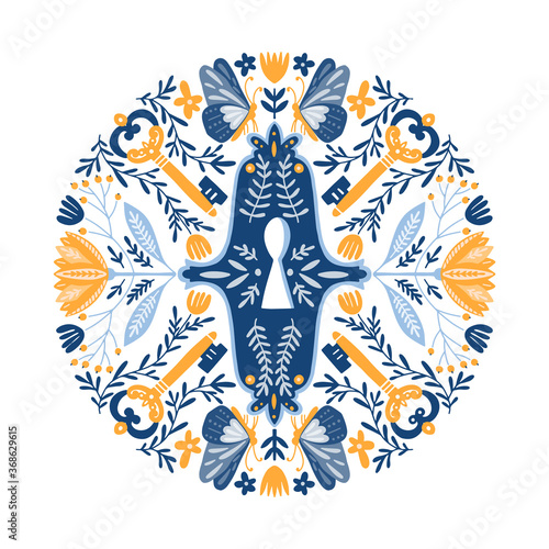 Folk art round ornament with birds, roses, and flowers, Scandinavian design