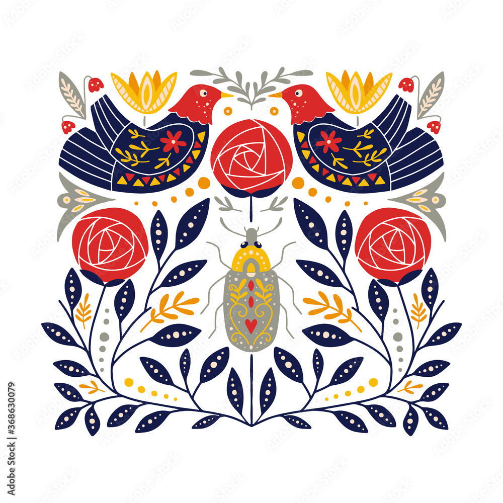 Folk art ornament with birds, roses, and bug, Scandinavian design