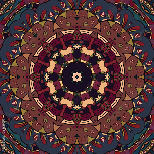 Seamless tracery tile mehndi design. Ethnic ornament, colorful doodle symmetry texture. Folk traditional spiritual tribal design. Curved doodling motif. Color art. Vector