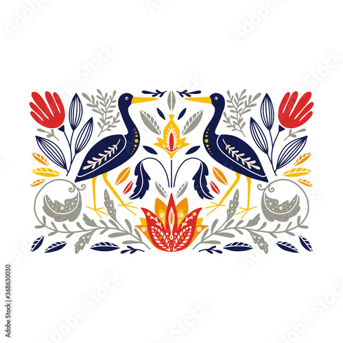 Folk art ornament with herons and flowers, Scandinavian design