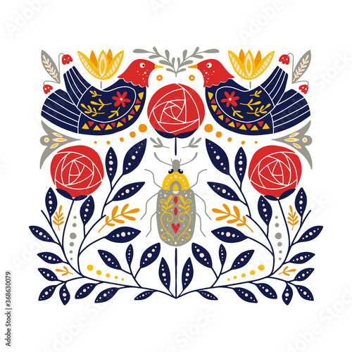Folk art ornament with birds, roses, and bug, Scandinavian design
