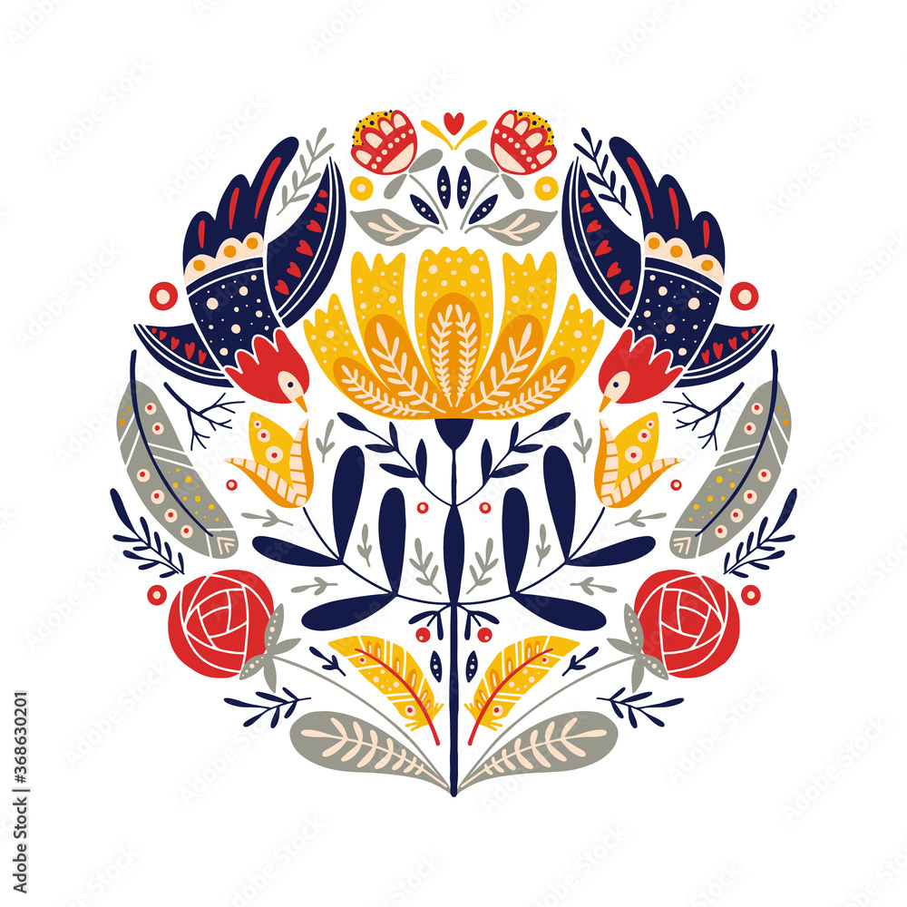 Fototapeta premium Folk art round ornament with birds, roses, and flowers, Scandinavian design
