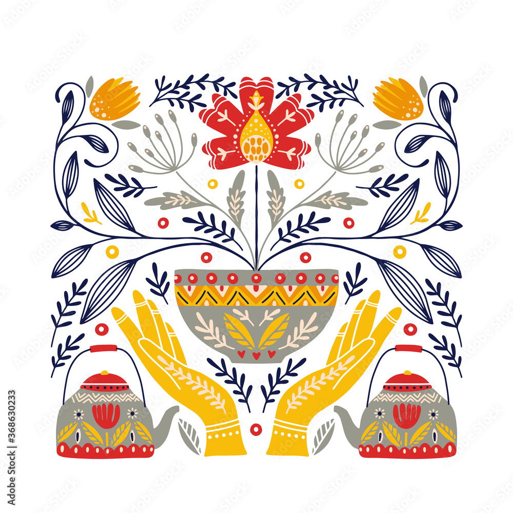 custom made wallpaper toronto digitalFolk art ornament with hands, teapot, teacup and flowers, Scandinavian design