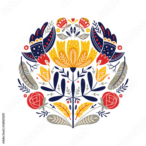 Folk art round ornament with birds, roses, and flowers, Scandinavian design
