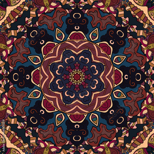 Seamless tracery tile mehndi design. Ethnic ornament, colorful doodle symmetry texture. Folk traditional spiritual tribal design. Curved doodling motif. Color art. Vector