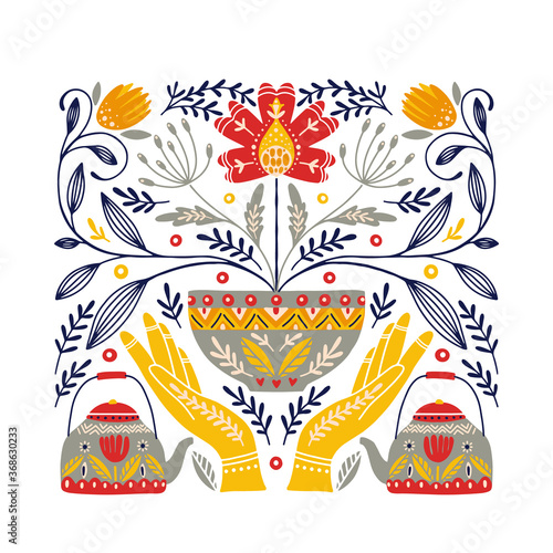 Folk art ornament with hands, teapot, teacup and flowers, Scandinavian design
