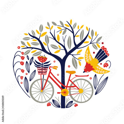 Folk art round ornament with bike, bird, tree and flowers, Scandinavian design