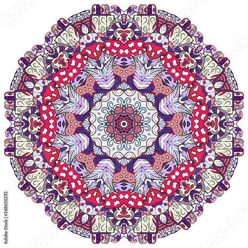 Mandala, tracery wheel mehndi design. Ethnic ornament, colorful doodle symmetry texture. Folk traditional spiritual tribal design.  Curved shape, isolated on white. Color art. Vector