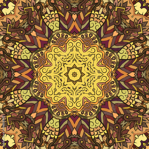 Seamless tracery tile mehndi design. Ethnic ornament, colorful doodle symmetry texture. Folk traditional spiritual tribal design. Curved doodling motif. Color art. Vector