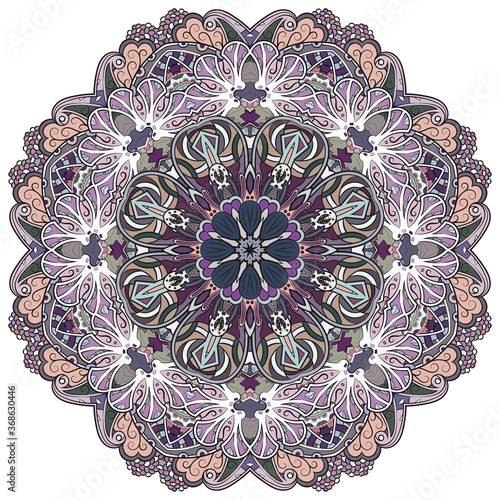 Mandala, tracery wheel mehndi design. Ethnic ornament, colorful doodle symmetry texture. Folk traditional spiritual tribal design.  Curved shape, isolated on white. Color art. Vector