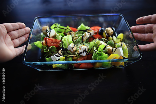 Greek salad / Mediterranean cuisine, fresh salad in the plate, healthy food, diet vegetables