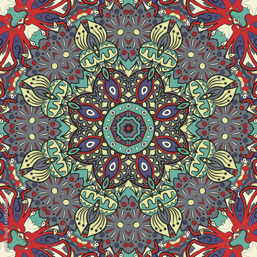 Seamless tracery tile mehndi design. Ethnic ornament, colorful doodle symmetry texture. Folk traditional spiritual tribal design. Curved doodling motif. Color art. Vector