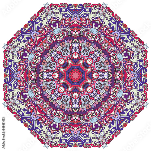 Mandala, tracery wheel mehndi design. Ethnic ornament, colorful doodle symmetry texture. Folk traditional spiritual tribal design.  Curved shape, isolated on white. Color art. Vector