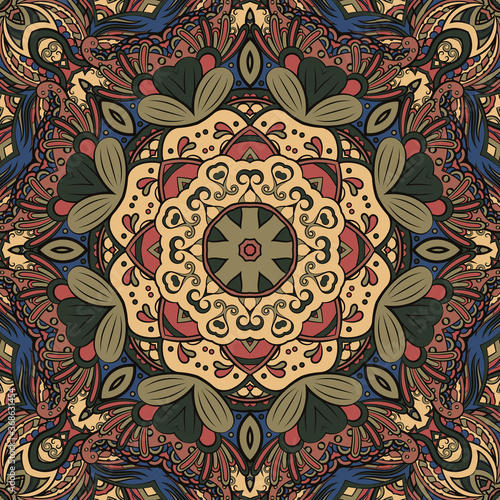 Seamless tracery tile mehndi design. Ethnic ornament, colorful doodle symmetry texture. Folk traditional spiritual tribal design. Curved doodling motif. Color art. Vector