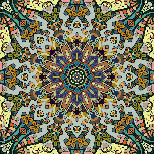 Seamless tracery tile mehndi design. Ethnic ornament, colorful doodle symmetry texture. Folk traditional spiritual tribal design. Curved doodling motif. Color art. Vector