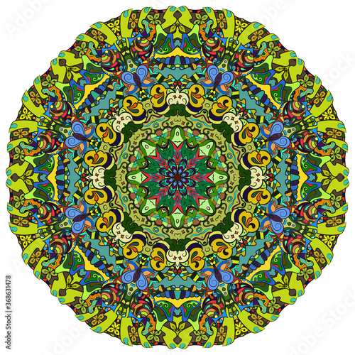Mandala, tracery wheel mehndi design. Ethnic ornament, colorful doodle symmetry texture. Folk traditional spiritual tribal design.  Curved shape, isolated on white. Color art. Vector