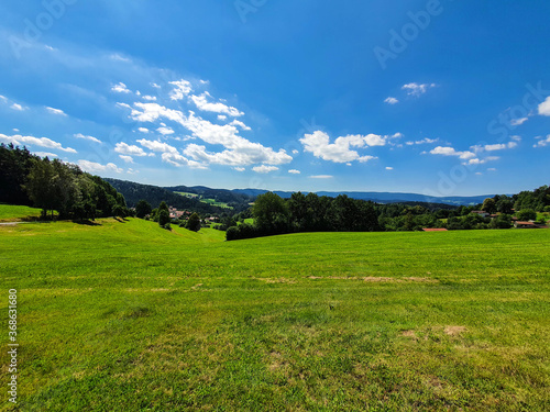 Idyllic landscape in the bavarian alps with fresh green meadows and fir trees, Bodenmais, bavarian forest, germany