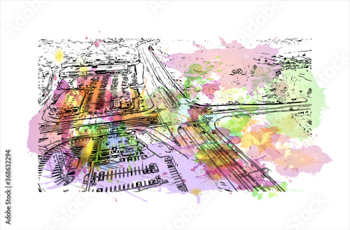 Building view with landmark of Allentown is a city in eastern Pennsylvania. Watercolor splash with hand drawn sketch illustration in vector.