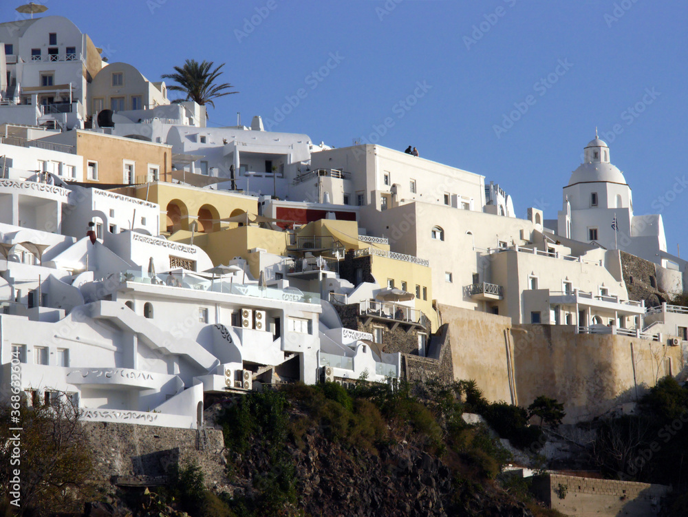 Views of the historical part of Fira, Santorini island Greece. Panoramic views of the mountains, sea and nature.