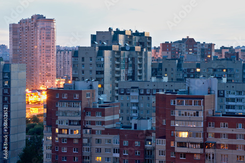 The variety of architecture of the residential area from a bird's eye view during the white nights of St. Petersburg.