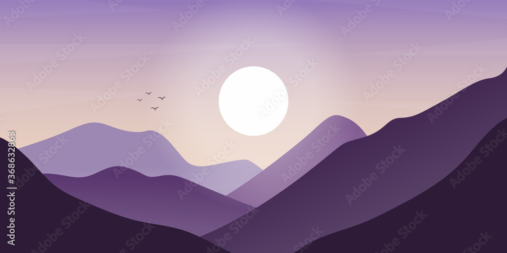 Landscape vector. Nature landscape with mountain, sky and sun. Vector illustration.
