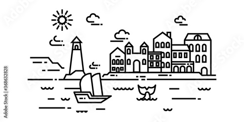 Cityscape with building, house, Boat, Whale, lighthouse, ocean, clouds and sun. Landscape in modern flat line style. Vector illustration.