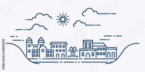 Landscape vector with Building, House, Mountain, Clouds, Sun. Cityscape in modern flat line style. Vector illustration.